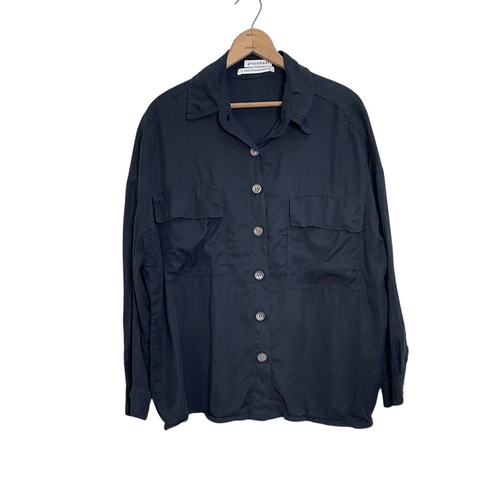 Gracemade Freed Black Oversized Patch Pockets Button Down Tencel Shirt Size M